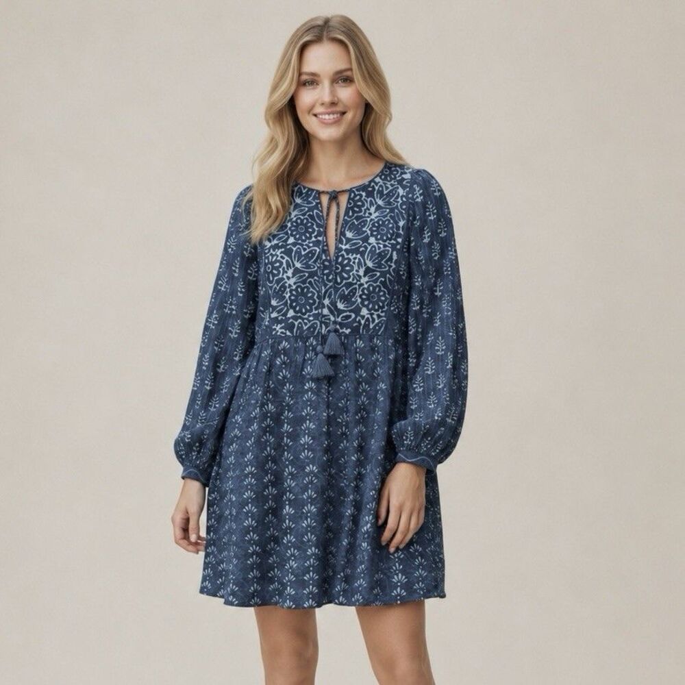 Faherty Solstice Sunburst Silk Blend Mini Dress Blue Print Boho Small NWT